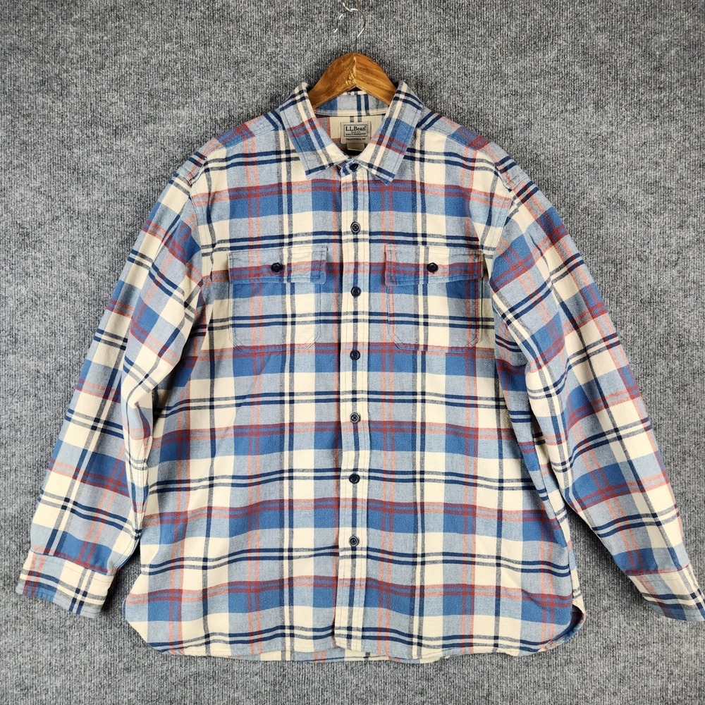 LL Bean Shirt Mens XL Traditional Fit Flannel Plaid Off White Blue